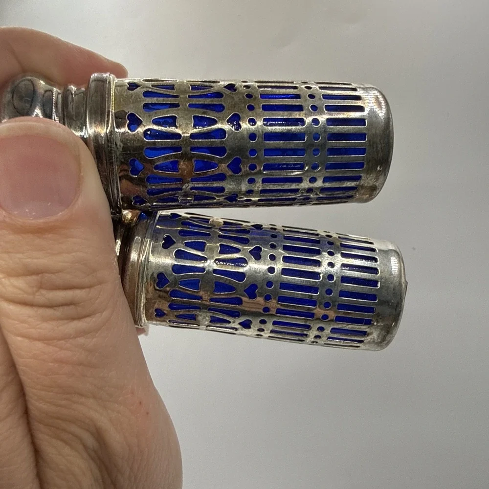 Vintage Cobalt Blue Glass Salt & Pepper Shaker Patent 1014132 Silver 3